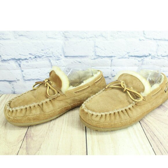 LL Bean Brown Suede Wicked Good Shearling Lined Moccasin Slippers Size 10 M - Picture 2 of 9